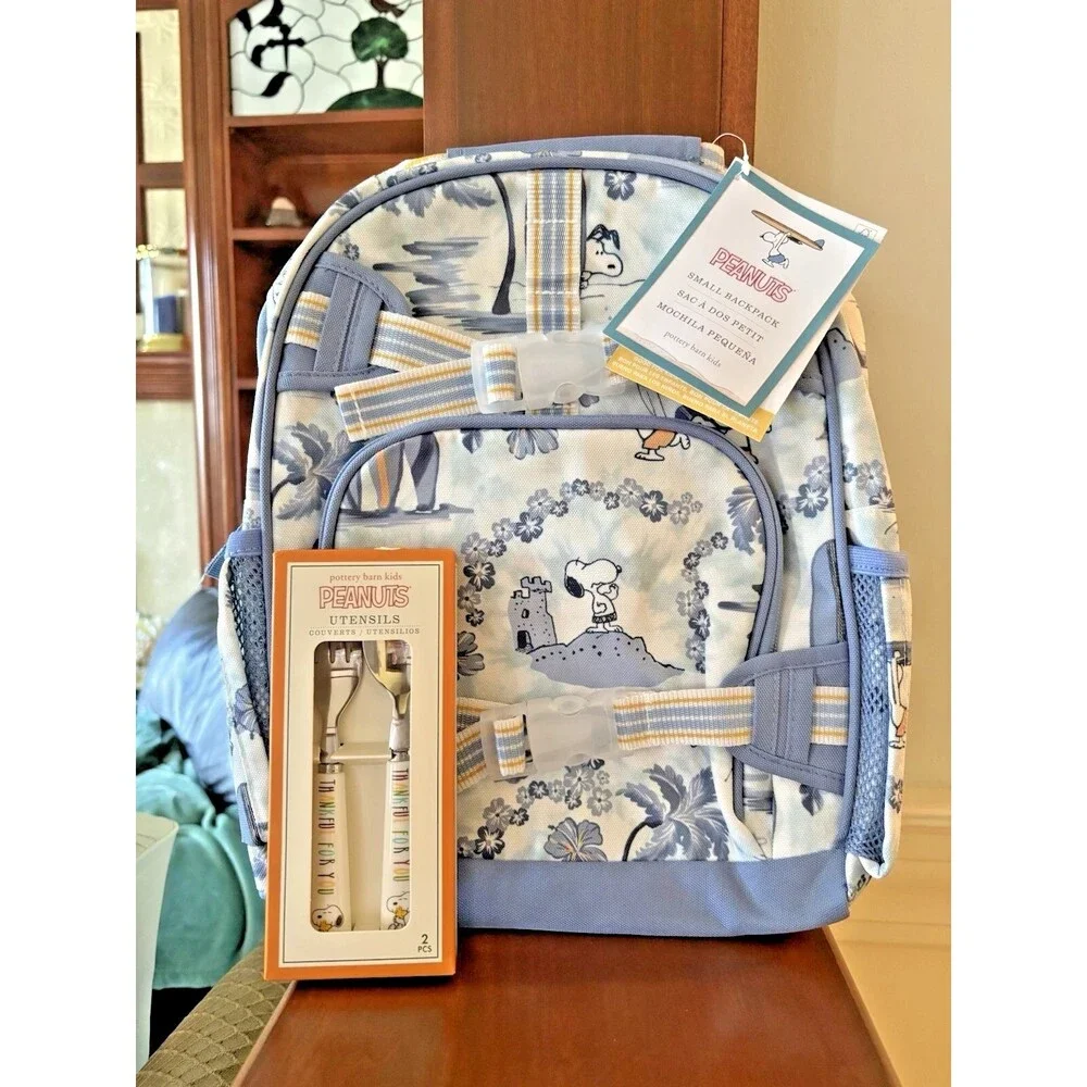 School Pottery barn Kids SNOOPY BACKPACK LUNCH BOX Peanuts Utensils travel Bag .
